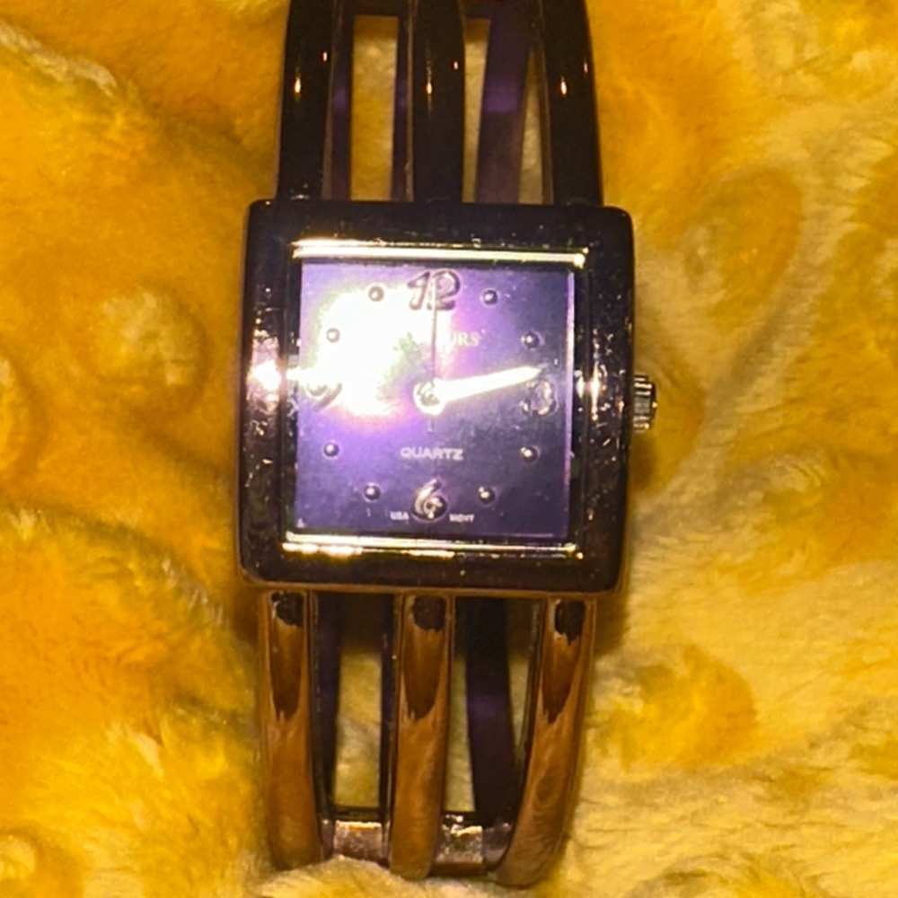 Purple Square Quartz Watch with Gold Band